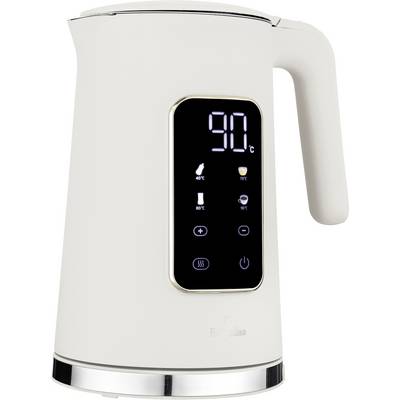 Weißer elektrischer Wasserkocher mit digitalem Touchdisplay, das 90°C anzeigt, Plus-/Minus-Tasten, Voreingestellte Temperaturpiktogramme und ein Griff auf der rechten Seite.