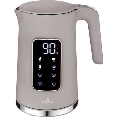 Wasserkocher mit digitaler Touchscreen-Anzeige, die 90°C anzeigt und Voreinstellungs-Temperatursymbole aufweist, in Taupe-Farbe mit großem Griff.