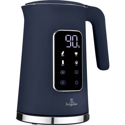 Dunkelblauer elektrischer Wasserkocher mit digitaler Touch-Anzeige, die 90°C anzeigt, und Temperaturvoreinstellungssymbolen, seitlichem Griff und Edelstahlblende am Sockel.