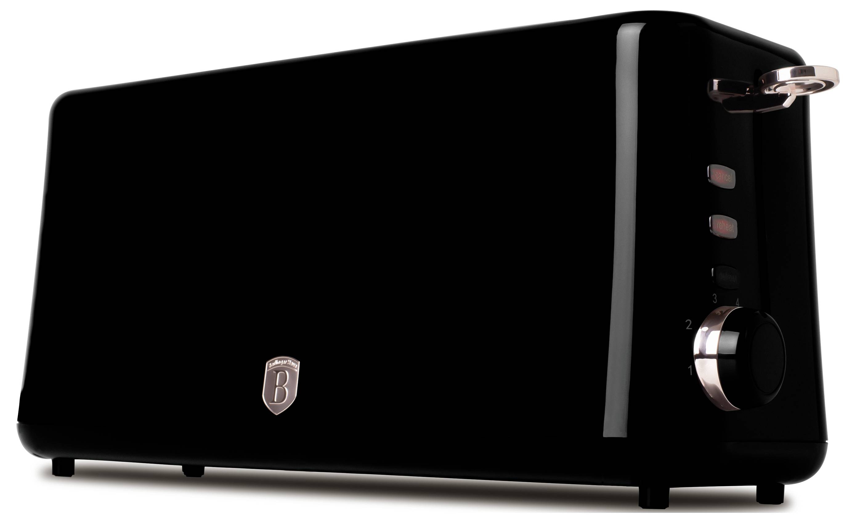 Schwarzer Zwei-Scheiben-Toaster mit silbernen Akzenten, seitlicher Bräunungsregelung und einem Brothebelc auf der rechten Seite.