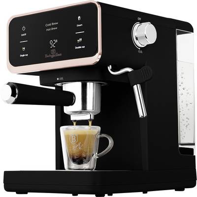 Schwarze und rosagoldene Espressomaschine, die Kaffee in eine durchsichtige Tasse braut, mit sichtbarem Dampfstab und Touchscreen-Bedienelementen.