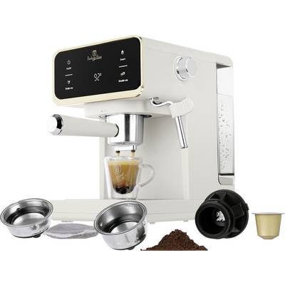 Weiße Espressomaschine, die Kaffee in eine Glastasse braut, mit abgebildeten Metallsiebträgern, Kapsel und Kaffeepulver unten.