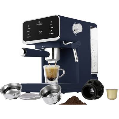 Blaue Espressomaschine, die Kaffee in eine Glastasse brüht, mit mitgelieferten Siebträgerkörbchen, Kapsel, Filter und Kaffeepulver, das unten gezeigt wird.
