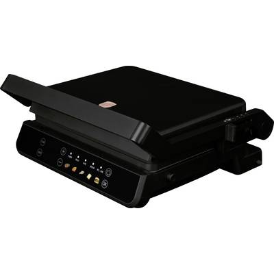 Schwarze Arbeitsflächen-Grillpresse mit geneigtem Deckel und vorderer Bedienblende mit Symbolen und Kontrollleuchten