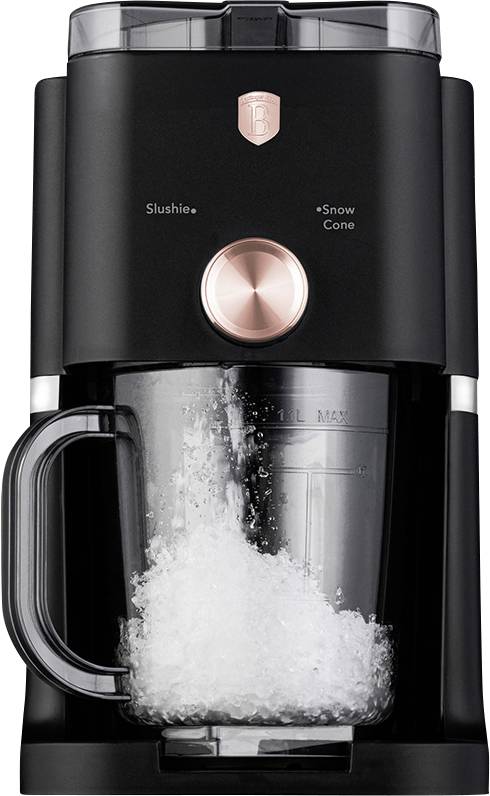 Schwarze Arbeitsplatte-Slushie-Maschine, die Eis in einen transparenten Behälter füllt, mit Beschriftung für „Slushie" und „Snow Cone" und einem rosegoldfarbenen Steuerregler.