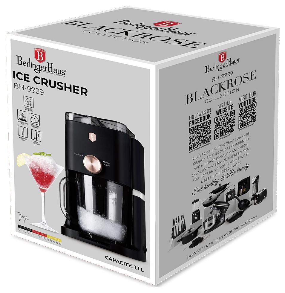 BerlingerHaus Black Rose Eiscrusher Maschinenbox, zeigt ein schwarzes Arbeitsplatteneiscrush-Gerät mit einer Kapazität von 1,1 L und Produktfunktionen auf der Verpackung.