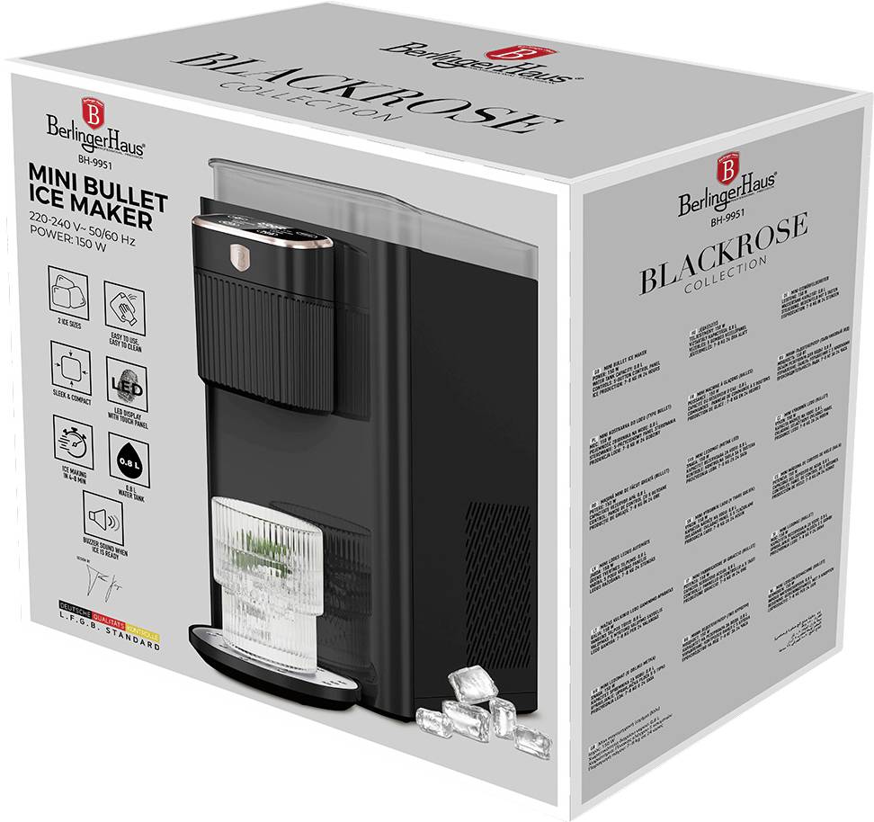 BerlingerHaus BlackRose Mini-Eismaschinen-Box mit einer schwarzen Arbeitsplatz-Eismaschine mit klaren Eiswürfeln und Produktmerkmalen auf der Verpackung.