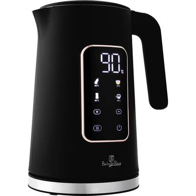 Schwarzer Berlinger Haus Wasserkocher mit digitalem Touch-Display, das 90°C anzeigt, und Temperaturvoreinstellungssymbolen auf weißem Hintergrund.
