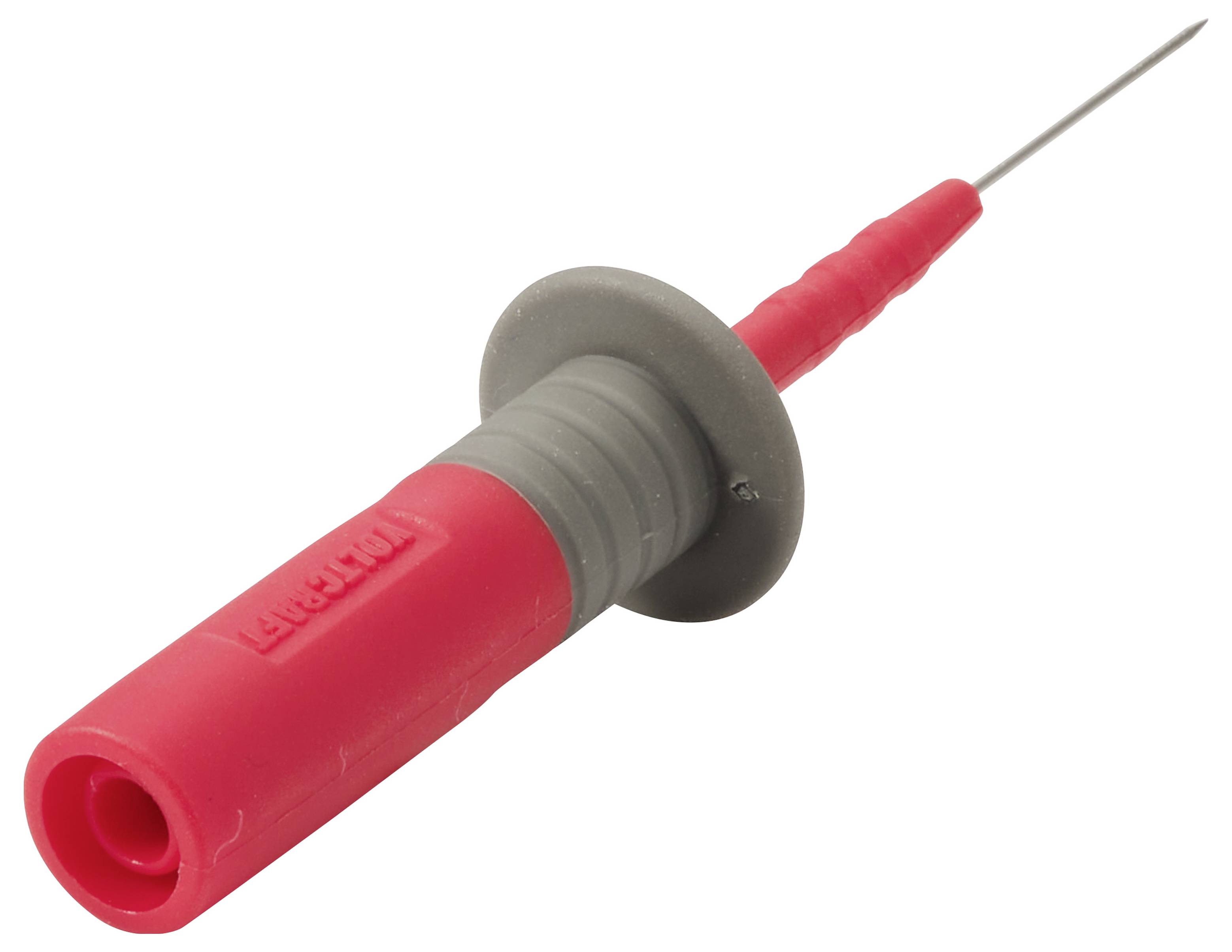 Rote isolierte Prüfspitze mit metallischer Spitze und grauem Griff, verwendet für elektrische Messungen.