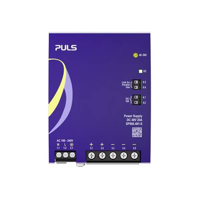 Frontansicht eines PULS DC-Stromversorgungsgeräts mit der Bezeichnung DC 48V 20A, mit AC 100–240V-Eingang, DC-Ausgangsklemmen und Status-/Link-Indikatoren.