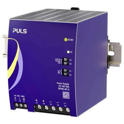 Lila PULS-DIN-Schienenschaltnetzteil, beschriftet mit DC 48V 20A, mit Status-LEDs und Anschlüssen auf der Vorderseite.