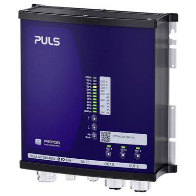 Industrielles PULS FIEPOS Netzteil mit LED-Statusanzeigen, QR-Code und gekennzeichneten Ausgangsklemmen für OUT 1, OUT 2 und OUT 3.