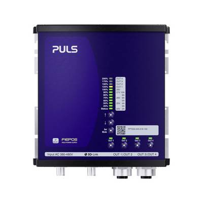 Vorderansicht eines PULS-Industrienetzteils mit der Bezeichnung „FIEPOS" mit Status-LEDs und Ausgangsindikatoren für OUT 1 bis OUT 4.