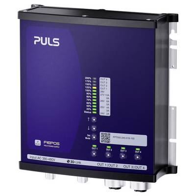 PULS FIEPOS-Stromversorgungsgerät mit STATUS-LEDs und beschrifteten Ausgangsanschlüssen für industrielle 380-480V-Eingänge.
