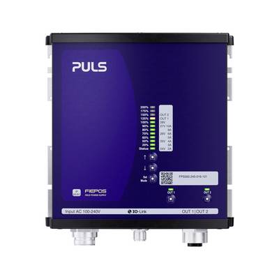 Blaue PULS FIEPOS Industrie-Stromversorgungseinheit mit Status-LEDs an der Vorderseite, Eingangsspannung AC 100-240V und zwei Ausgängen mit der Bezeichnung OUT 1 und OUT 2.
