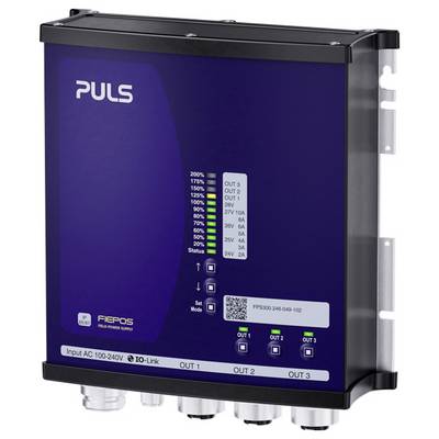 PULS FIEPOS Feldstromversorgungsgerät mit Status-LEDs, Ausgangsanzeigen und gekennzeichneten OUT 1, OUT 2, OUT 3 Anschlüssen.