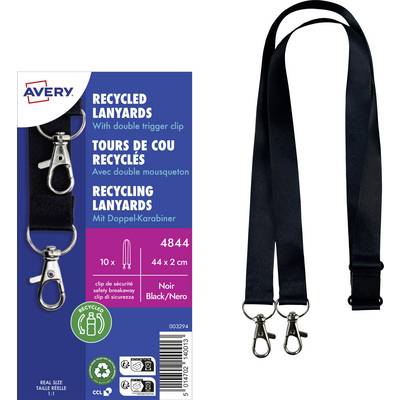 Paket aus Avery recycelten schwarzen Umhängebändern mit doppelten Abzugsclips, gezeigt neben zwei schwarzen Umhängebändern mit Metallverschlüssen.