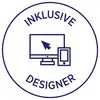 Kreisförmiges Logo mit der Aufschrift „INKLUSIVE DESIGNER" um einen Computermonitor, eine Mauszeiger und ein Smartphone-Symbol.