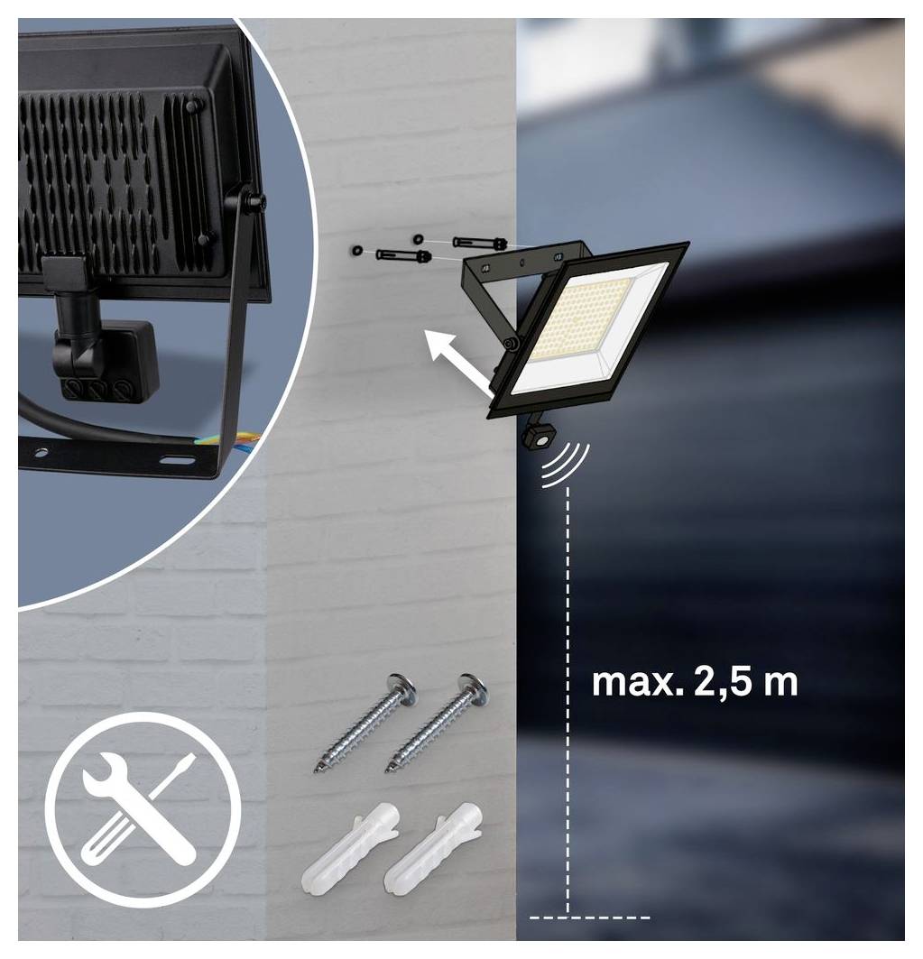Anleitung zeigt eine wandmontierte LED-Flutlichleuchte, die mit Schrauben und Dübeln installiert ist, einstellbar bis max. 2,5 m Höhe.