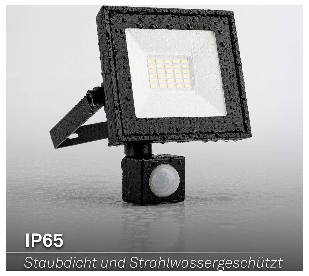 Wasserdichtes LED-Flutlicht mit Bewegungsmelder, gekennzeichnet mit „IP65" und „Staubdicht und Strahlwassergeschützt", was Staub- und Wasserschutz anzeigt.