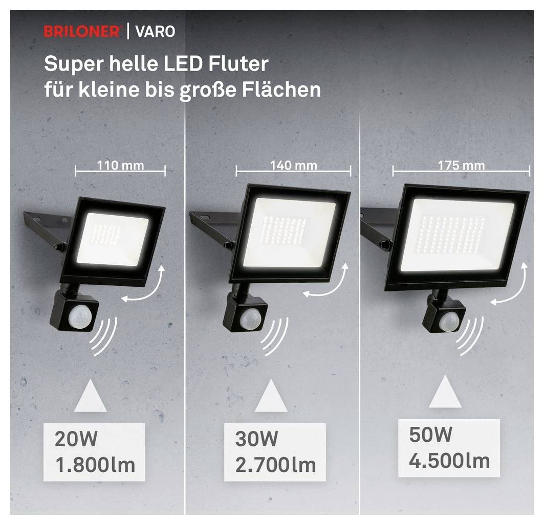 BRILONER VARO LED-Flutlichter in drei Größen: 110 mm 20W 1.800 lm, 140 mm 30W 2.700 lm und 175 mm 50W 4.500 lm, für kleine bis große Flächen.