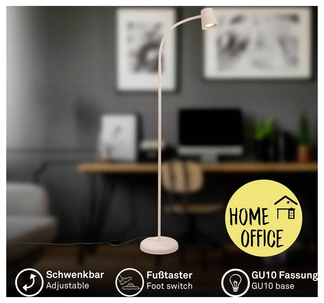 Rosa verstellbare Stehleuchte mit Fußschalter und GU10-Fassung in einem Homeoffice; gelbes „HOME OFFICE"-Abzeichen und Funktionssymbole am unteren Rand.