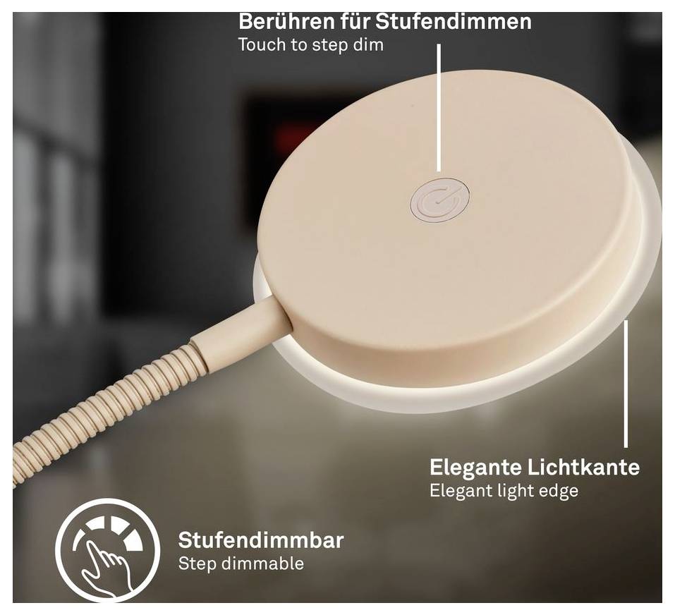 Beige runde Berührungslampe mit stufenweiser Dimmerkontrolle, eleganter Lichtkante und deutschen/englischen Beschriftungen: „Berühren für Stufendimmen" und „Elegante Lichtkante".
