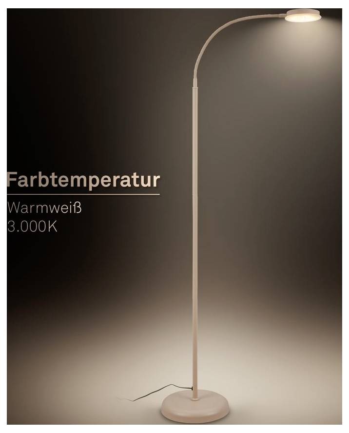 Hohe Stehleuchte mit warmweißem Licht; Text lautet „Farbtemperatur", „Warmweiß", „3.000K".