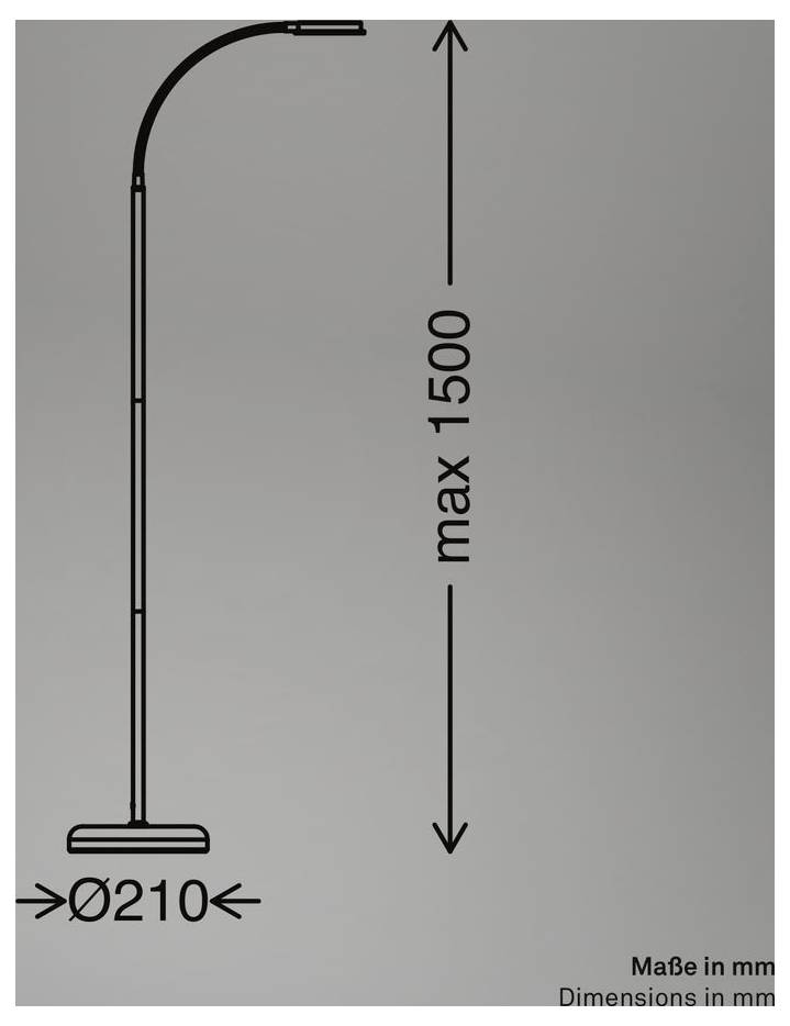 Diagramm einer Stehleuchte mit einer maximalen Höhe von 1500 mm und einem Basisdurchmesser von Ø210 mm.