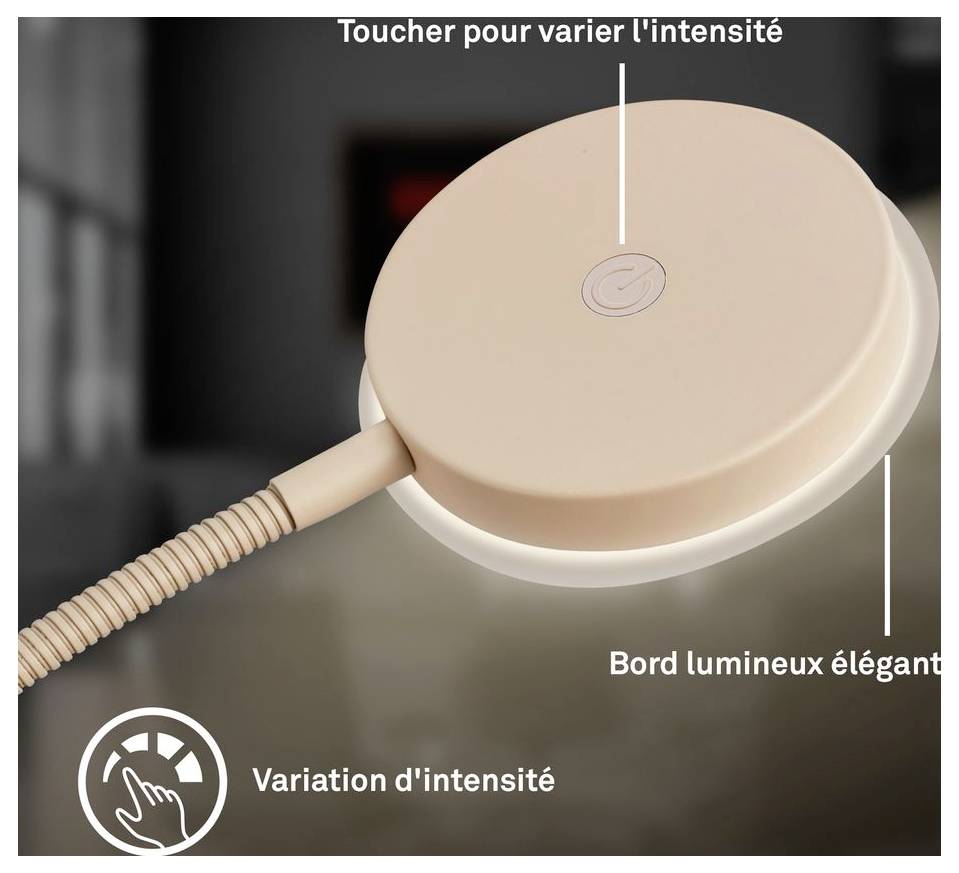Runde beigefarbene Lampe mit Touchsteuerung für verstellbare Helligkeit, gezeigt mit leuchtendem Rand und französischen Beschriftungen „Toucher pour varier l'intensité" und „Variation d'intensité".