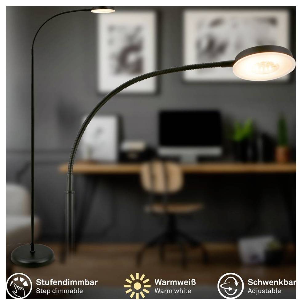 Verstellbare schwarze Stehleuchte mit warmweißem Licht, gezeigt in einer unscharfen Homeoffice-Umgebung; Text sagt „Stufendimmbar", „Warmweiß" und „Schwenkbar".