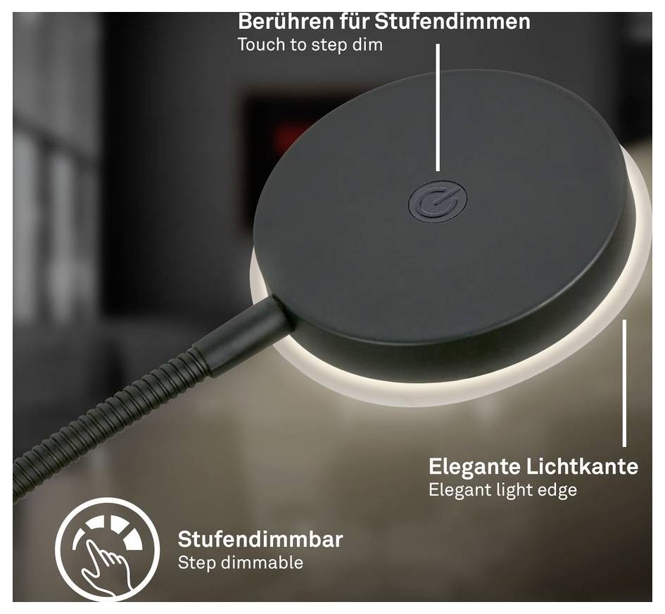 Nahaufnahme eines runden Touch-Dimmschalters mit beleuchteter Randbeleuchtung, beschriftet mit „Touch to step dim" und „Step dimmable".