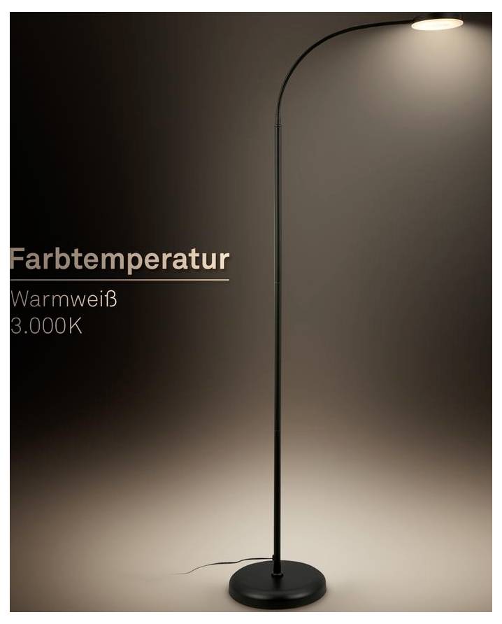 Schwarze Stehleuchte mit warmweißem Licht, beschriftet mit „Farbtemperatur" und „Warmweiß 3.000K".
