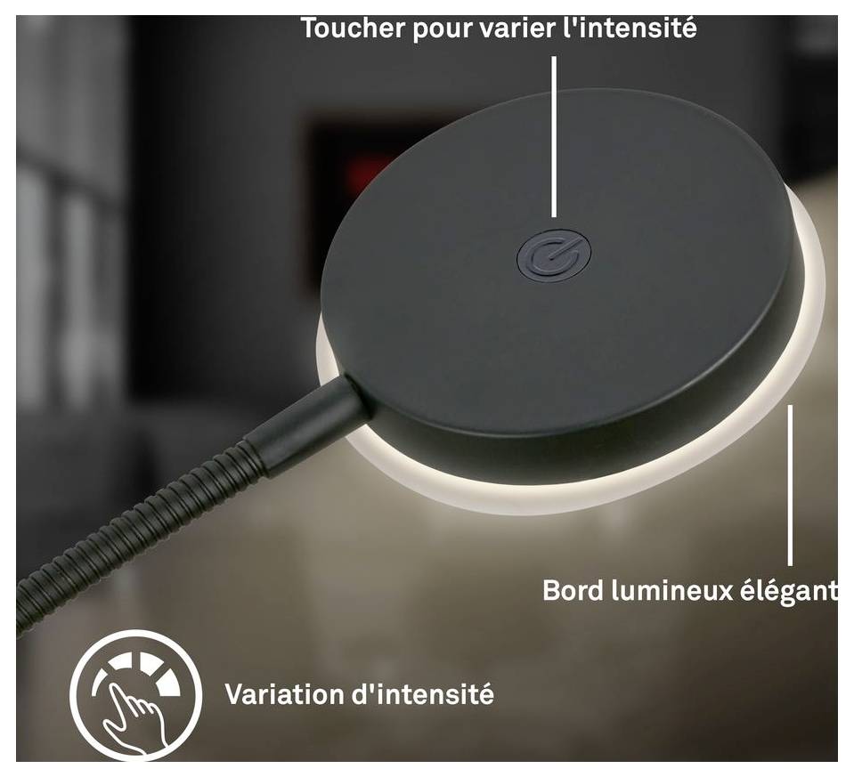 Runde schwarze Berührungsleuchte mit leuchtendem Rand; französische Beschriftungen sagen „Toucher pour varier l'intensité" und „Variation d'intensité", wobei die einstellbare Helligkeit gezeigt wird.
