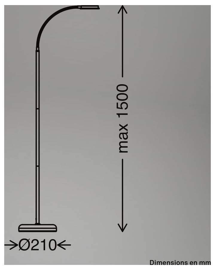 Diagramm einer gebogenen Stehleuchte mit Maßangaben in Millimetern: maximale Höhe 1500 mm und Basisdurchmesser 210 mm.