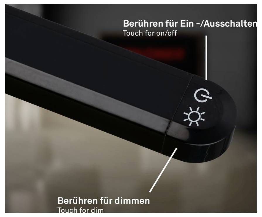 Nahaufnahme einer berührungsempfindlichen Lichtsteuerung mit Stromversorgungs- und Dimmersymbolen, gekennzeichnet mit „Berühren zum Ein-/Ausschalten" und „Berühren zum Dimmen".