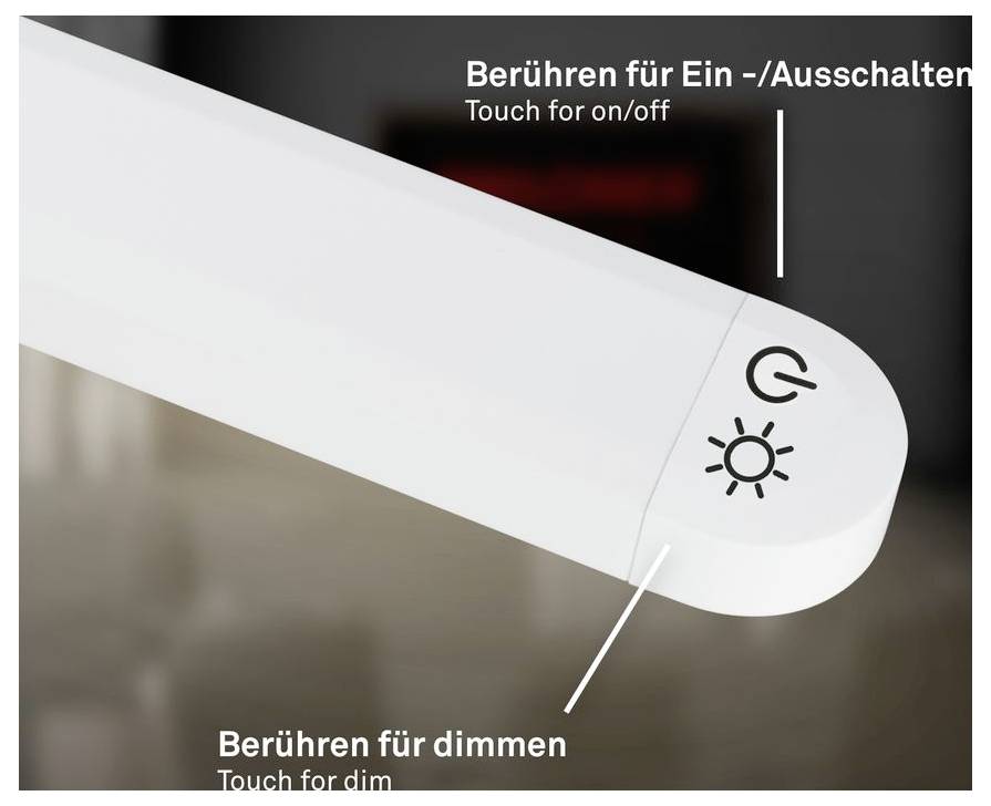 Nahaufnahme eines Bedienelements für eine Leuchte mit Touch-Symbolen; der Text besagt „Berühren zum Ein-/Ausschalten" und „Berühren zum Dimmen", um Tippsteuerungen anzuzeigen.