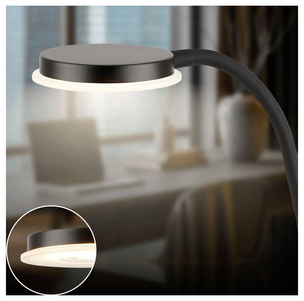 Schwarze geschwungene Schreibtischlampe mit glühendem kreisförmigem LED-Licht über einem unscharfen Arbeitsbereich, plus ein kleiner Ausschnitt, der die Lampe in Nahaufnahme zeigt.
