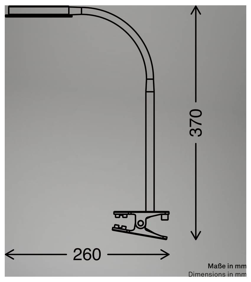 Technische Zeichnung eines gekrümmten Metallteils mit Klemmvorrichtung; Abmessungen mit 370 mm Höhe und 260 mm Breite gekennzeichnet, markiert „Maße in mm".