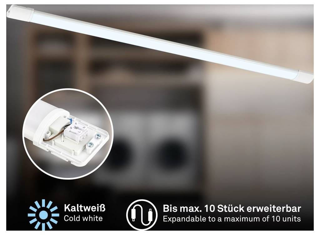 LED-Leuchtenleiste mit Ausschnitt zeigt Stecker, beschriftet „Kaltweiß / Kaltweißlicht" und „Bis max. 10 Stück erweiterbar / Erweiterbar auf maximal 10 Einheiten".