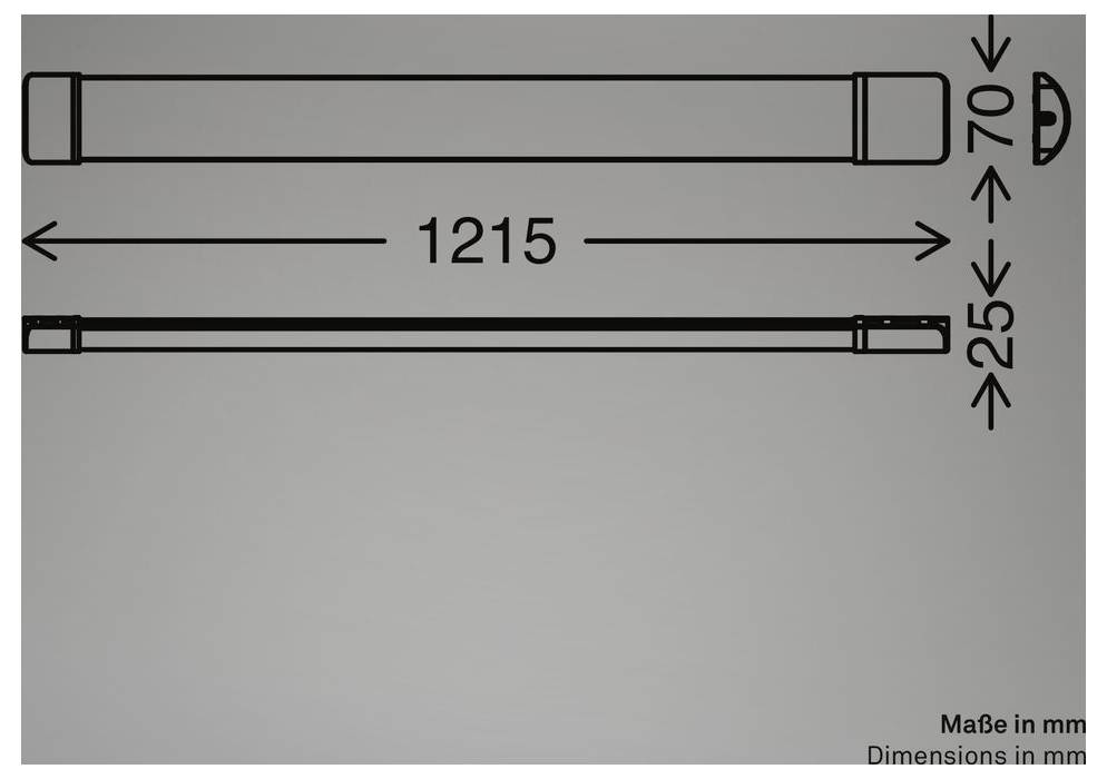 Bemaßungszeichnung einer zylindrischen Leuchte, die zwei Ansichten und Größenangaben zeigt: 1215 mm lang, 70 mm Durchmesser und 25 mm Tiefe.