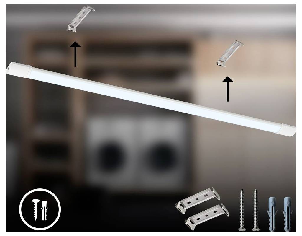 Explodiertdarstellung einer schlanken LED-Leuchte mit Montagebügeln, Schrauben und Wanddübeln, die Installationshardware und Befestigungspunkte zeigt.