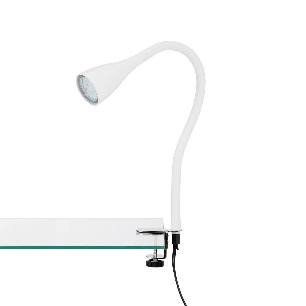 Weiße LED-Leselampe zum Aufclipsen mit flexiblem Schwanenhals, befestigt an einem Glasregal, vor neutralem Hintergrund dargestellt.