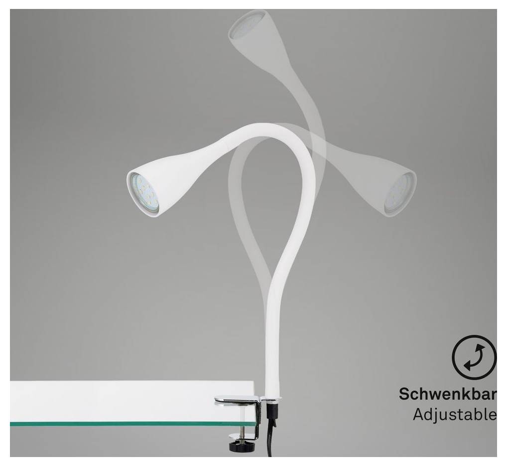Verstellbare weiße Schreibtischleuchte mit zwei beweglichen Leuchtköpfen auf einer Glasoberfläche montiert, mit der Beschriftung „Schwenkbar / Adjustable".