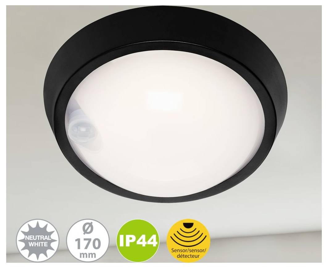 Runde schwarze Deckenleuchte mit mattem Diffusor; Icons zeigen neutralweiß an, 170 mm Durchmesser, IP44 und Sensor/Melder