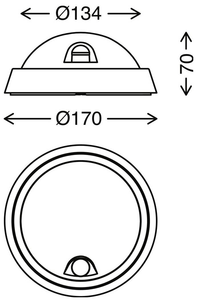 Technische Zeichnung einer kreisförmigen Kuppelleuchte mit Seiten- und Draufsicht mit den Abmessungen Ø134, Ø170 und Höhe 70.