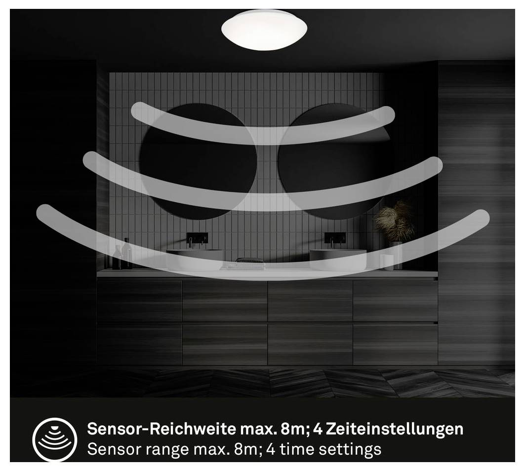 Badezimmerspiegel mit integrierter Sensorleuchte; Text lautet „Sensorreichweite max. 8m; 4 Zeiteinstellungen".
