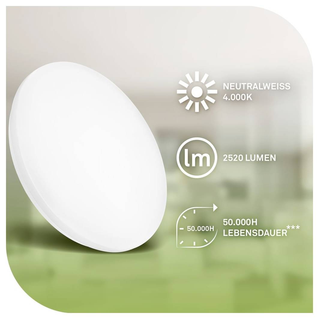 Weiße runde LED-Deckenleuchte mit folgenden Spezifikationen: Neutralweiß 4000K, 2520 Lumen, Lebensdauer von 50.000 Stunden.