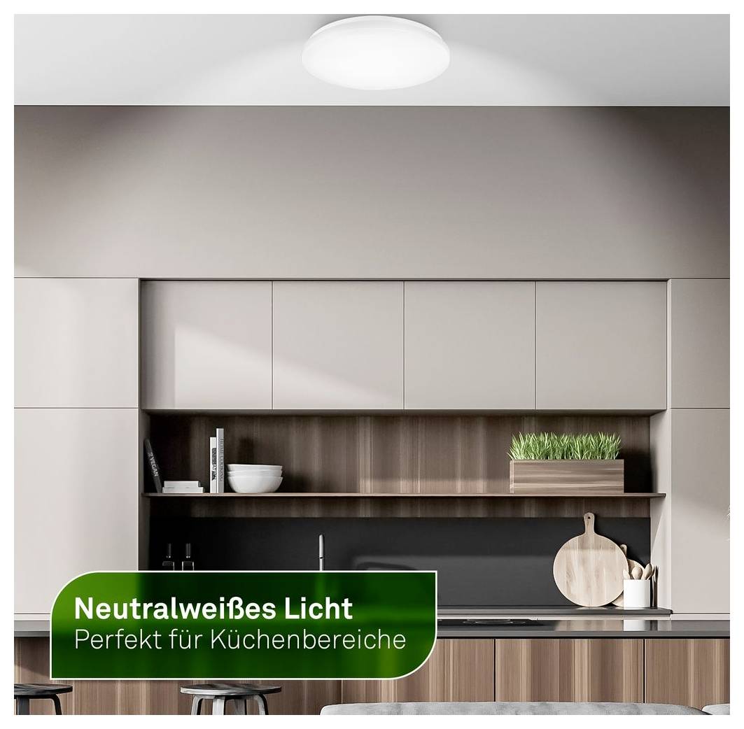 Moderne Küche mit Einbauschränken und Insel, überlagert mit Text: „Neutralweißes Licht" und „Perfekt für Küchenbereiche".