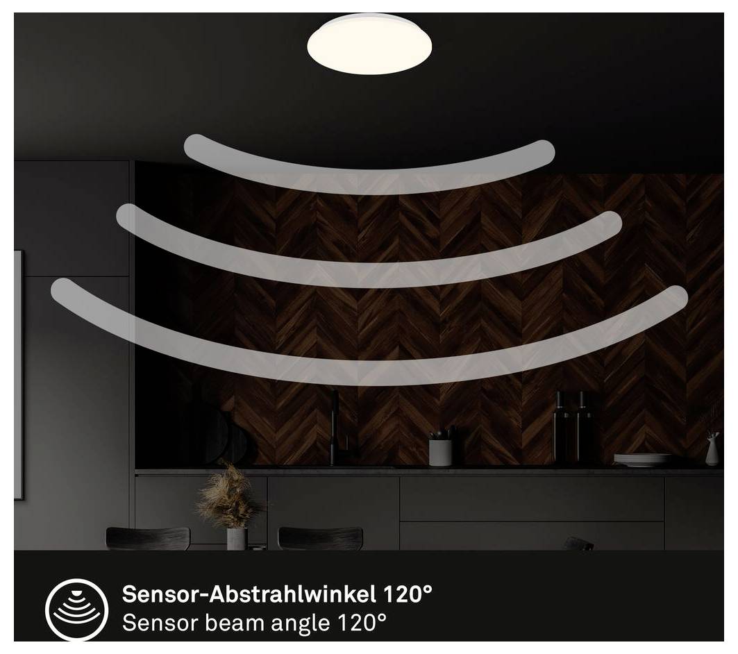Illustration eines Küchendeckensensorlichts mit einem 120°-Sensorerfassungswinkel, mit drei gekrümmten Erfassungsbogen und dem Text „Sensorerfassungswinkel 120°"